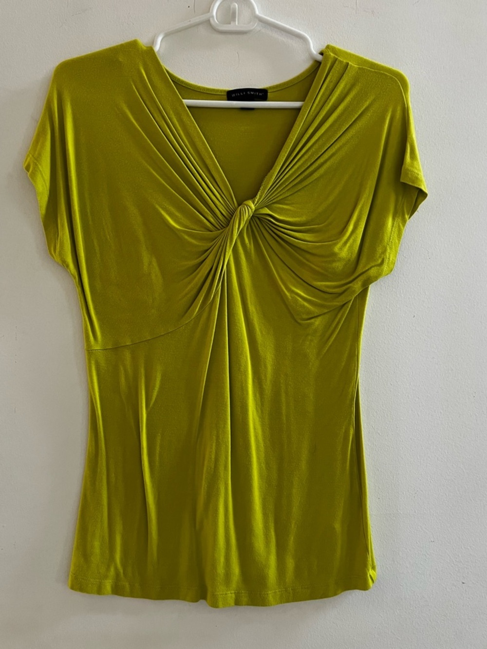 Willi Smith Lime Green Draped Knot Top | Ruched V-Neck Blouse | Statement Chic S - Picture 3 of 5